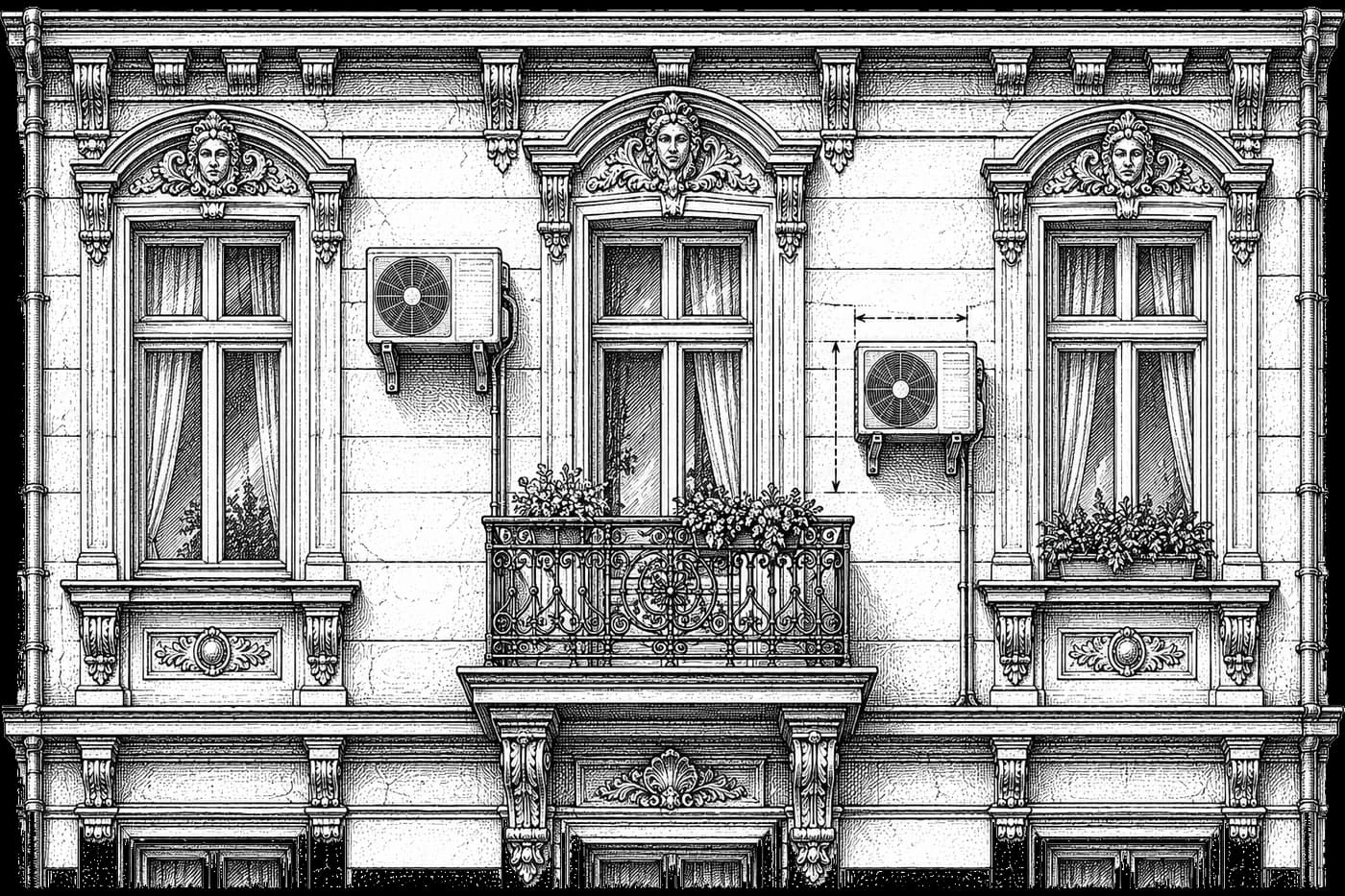 Klima na fasadi - spoljne jedinice na staroj fasadi, ilustracija u stilu gravire