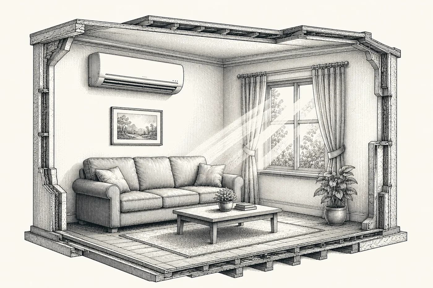 Presek dnevne sobe sa zidnom klimom, prozorom i suncem - ilustracija u stilu gravire