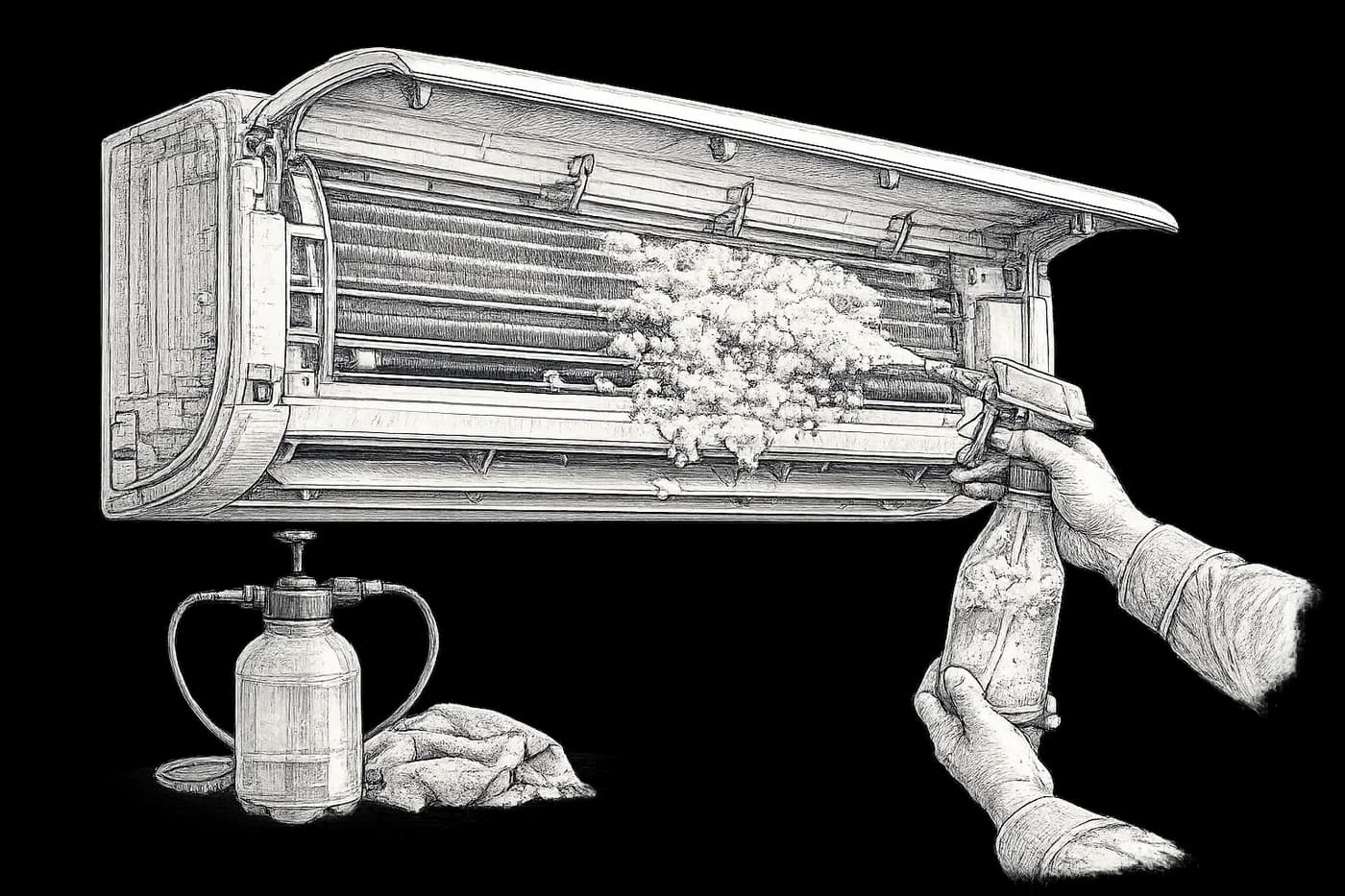 Servis klime - majstor hemijski čisti unutrašnju jedinicu, otvorena maska i lamele isparivača, ilustracija u stilu gravire